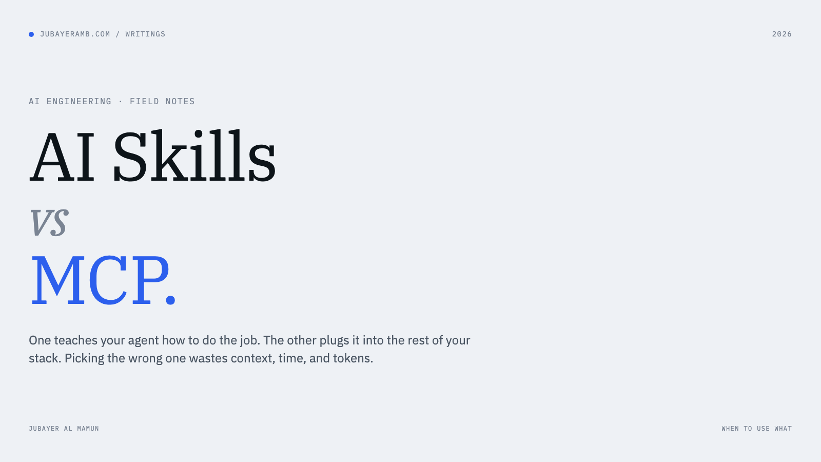 AI Skills vs MCP cover. Bold serif type setting Skills against MCP in the post's accent blue.